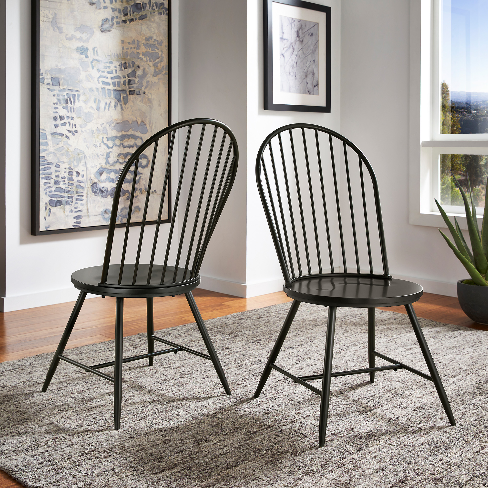 Hoop High Back Windsor Metal Side Chair with Wood Seat (Set of 2)