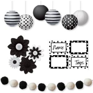Black & White Party Décor Kit, Paper Lanterns, Flowers, Pom-Pom Garland & Labels