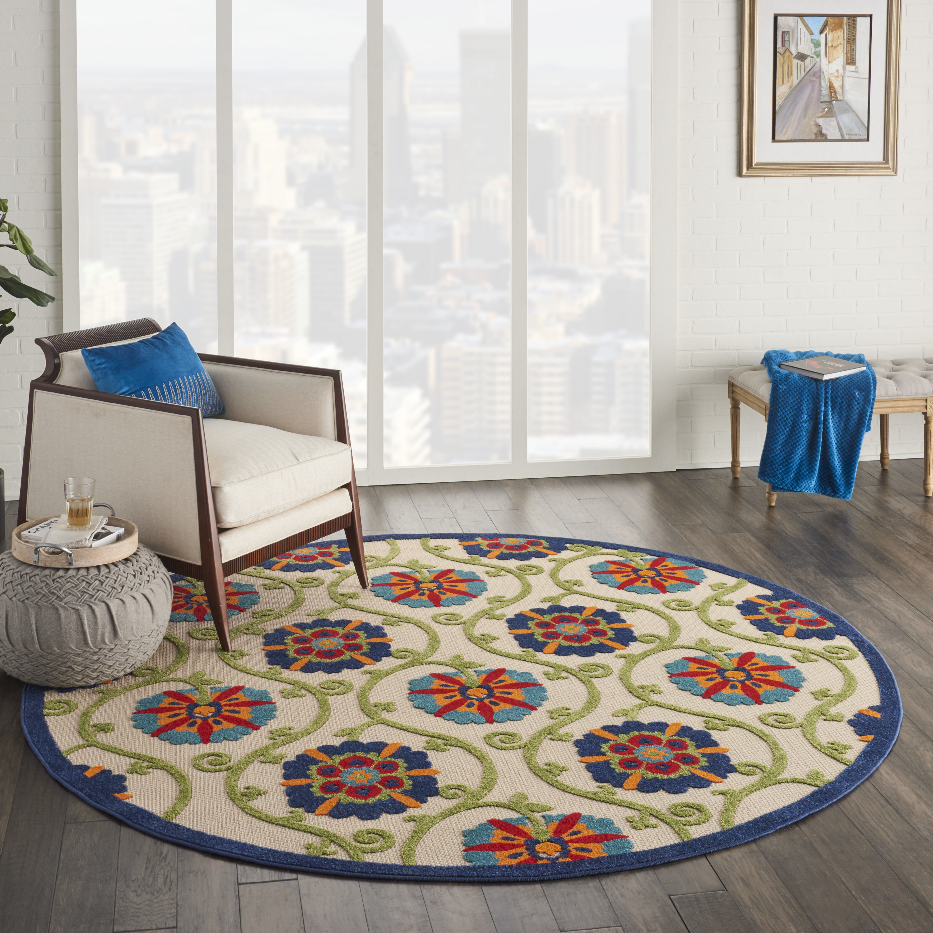 Nourison Aloha 7'10" x Round Blue Multicolor Contemporary Rug
