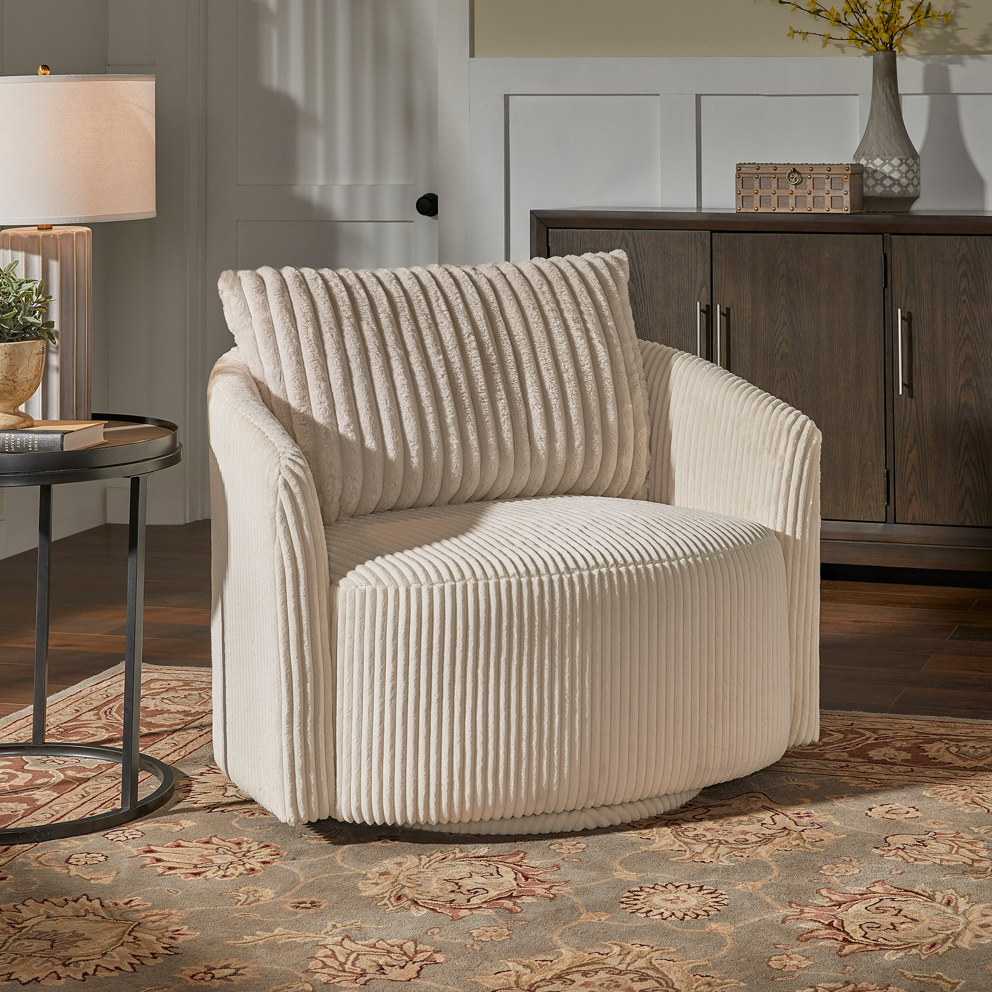 Oversized Wale Corduroy Swivel Accent Chair with Furry Channel Pillow