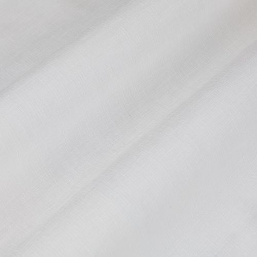 White sheer linen curtain, diagonally folded with visible weave, draping and softly filtering daylight; fills a neutral interior space with diffuse light and subtle shadows.