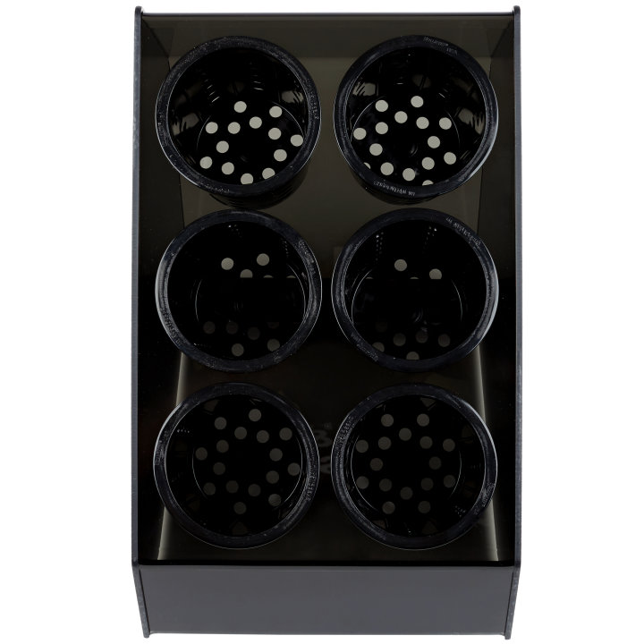Six-compartment countertop flatware organizer with removable black perforated cylinders