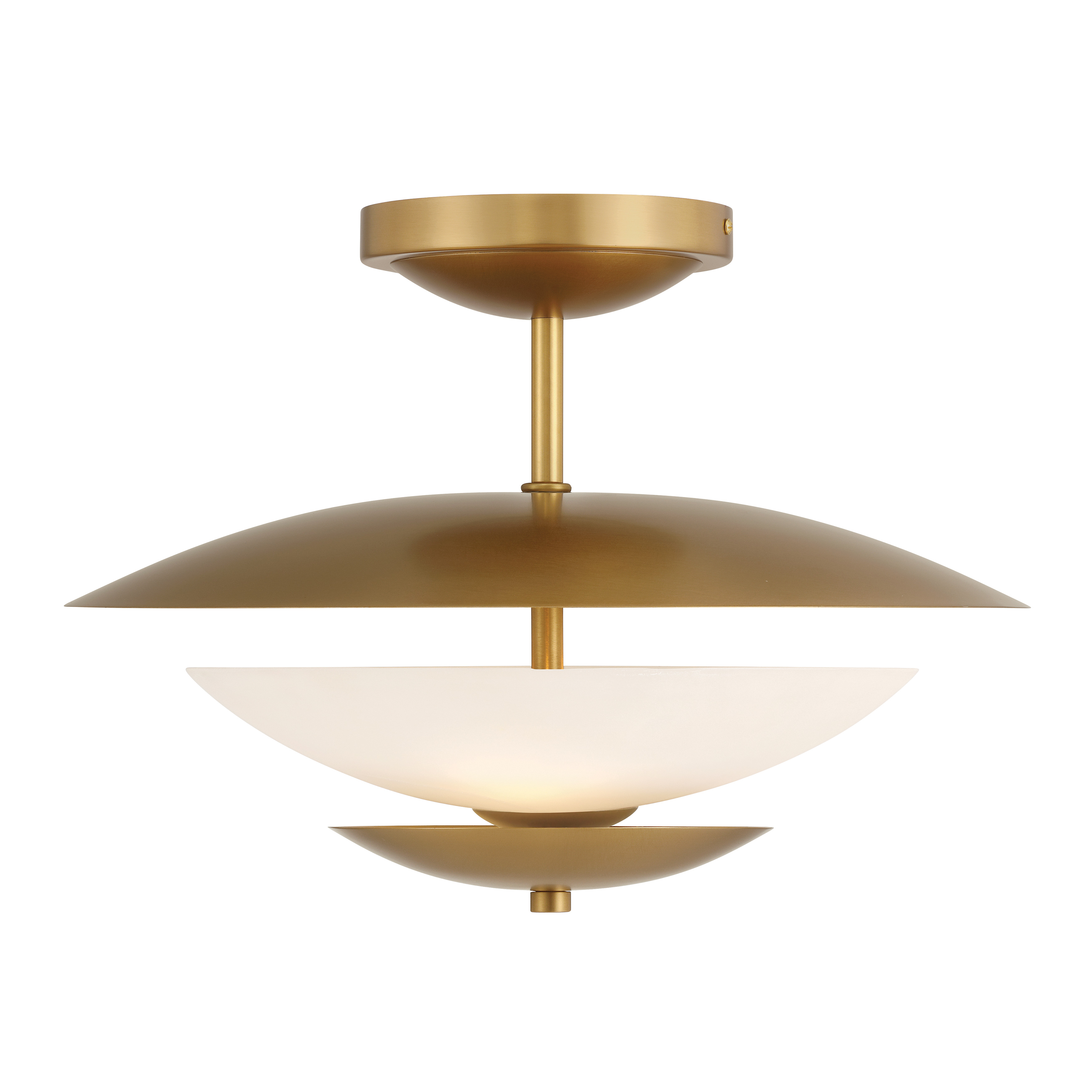 The Solara semi-flush mount combines contemporary styling with timeless brass warmth. Its 18-inch diameter and faux alabaster shade provide soft, diffused lighting ideal for intimate spaces with standard ceiling heights. - alternate view