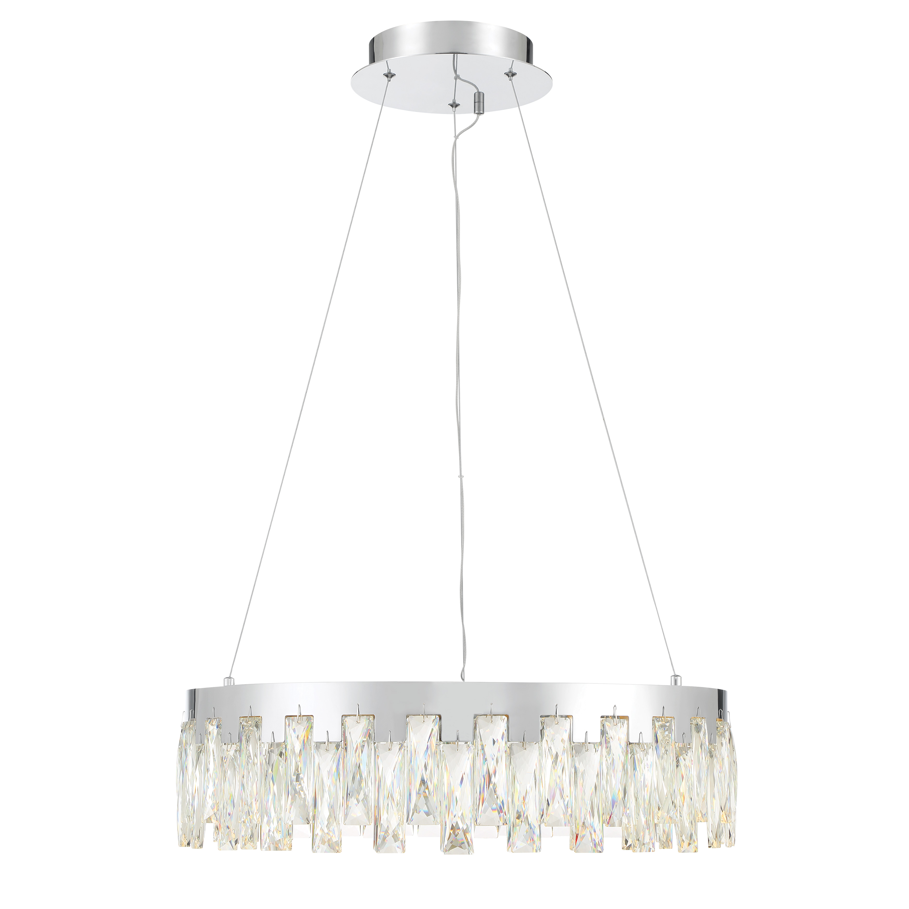 The Curio LED Pendant combines contemporary elegance with exceptional lighting performance. Its 23-inch linear design features sparkling crystal elements in a polished chrome frame, delivering 2,784 lumens with superior 92 CRI for true color rendering. - alternate view