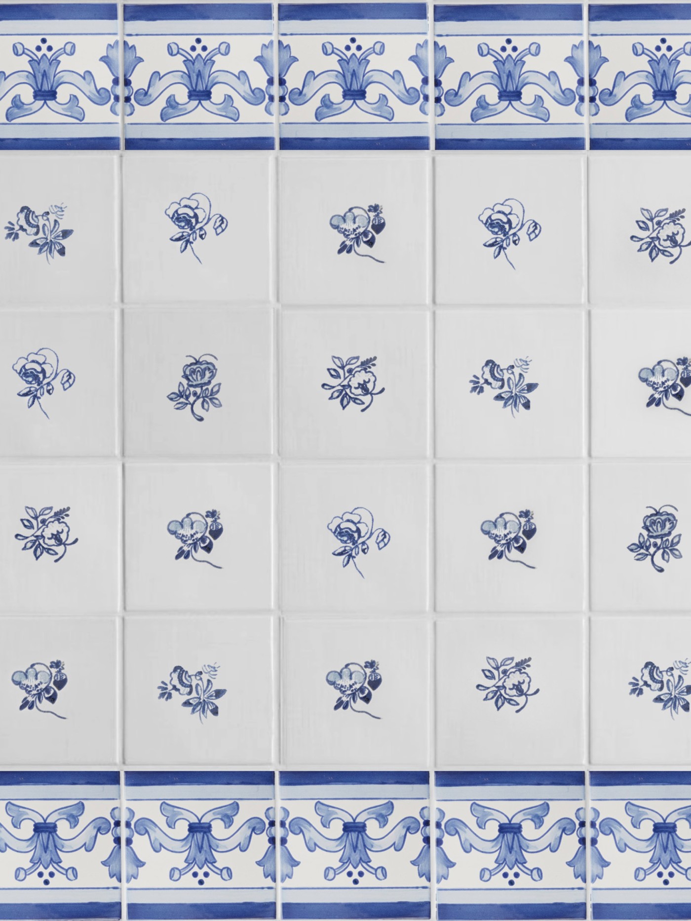 blue and white tiles with hand painted floral designs.