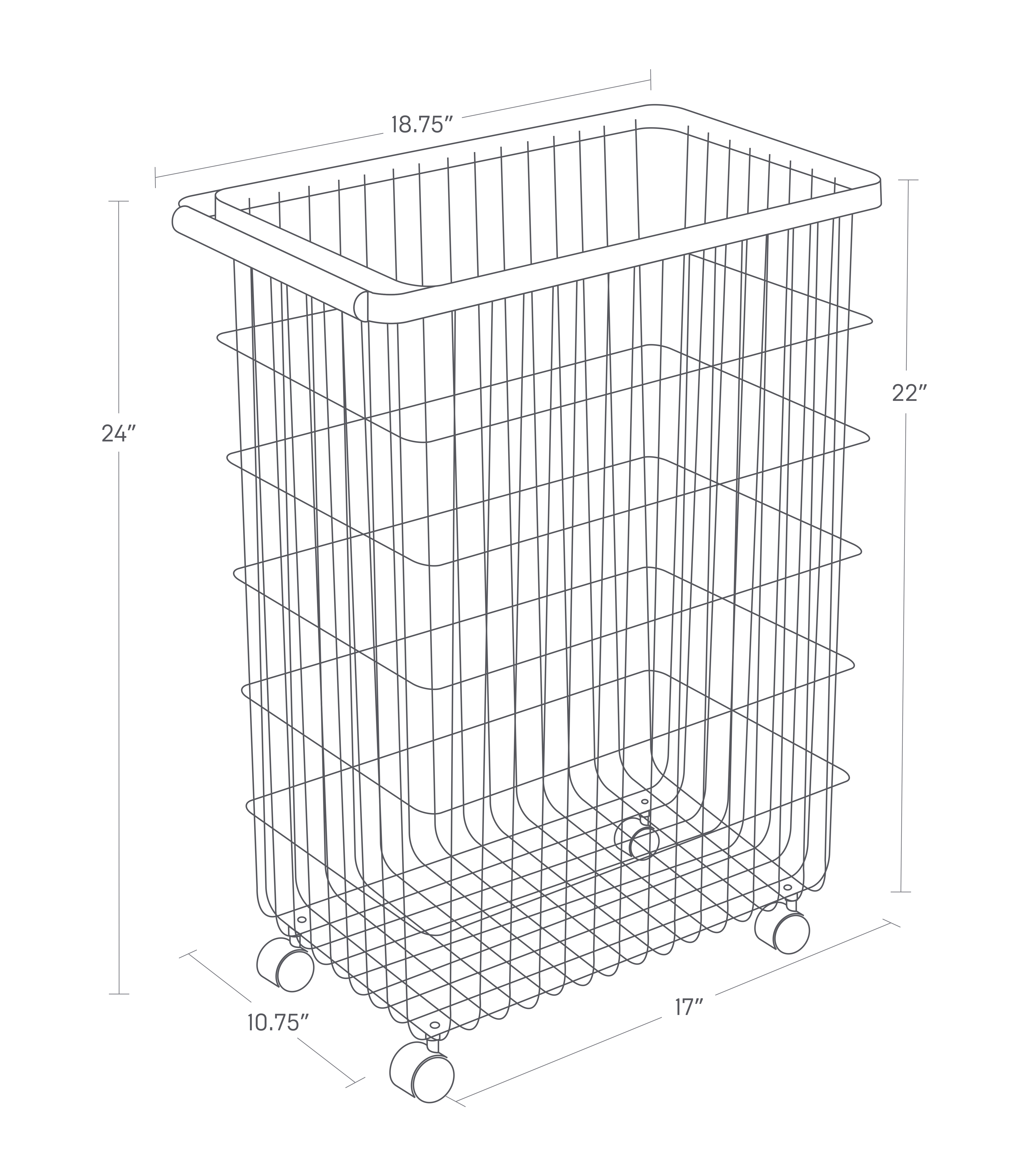 Image dimensionnelle du panier métallique roulant avec une hauteur totale de 24", une largeur totale de 18,75" et une profondeur de 10,75". Le panier lui-même mesure 22" de profondeur et la largeur au bas du panier est de 17".