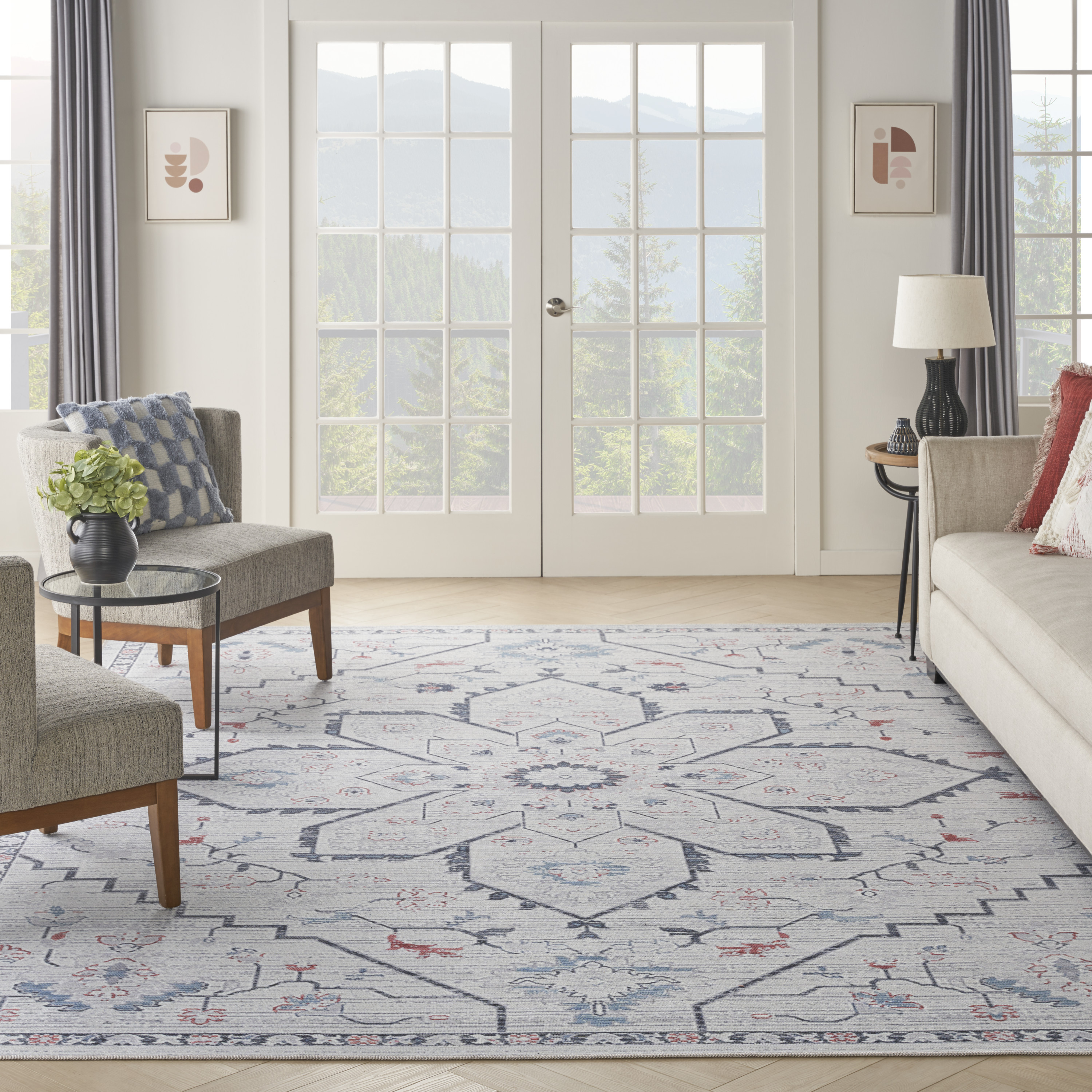 Nourison New Concept Washables 9'2" x 12' Ivory Blue Farmhouse Indoor Rug