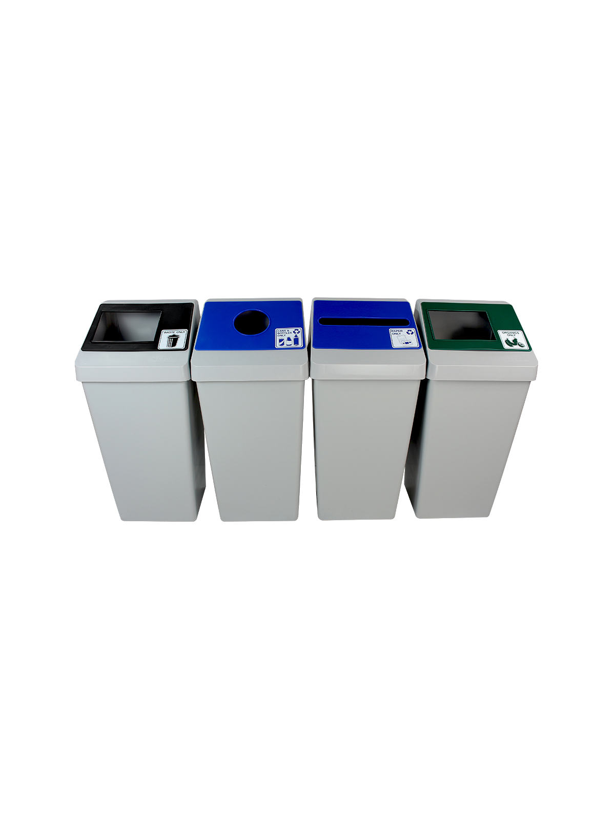 SMART SORT – Quad – Kit – Cans & Bottles-Paper-Organics-Waste – Circle-Slot-Full – Grey-Blue-Blue-Green-Black