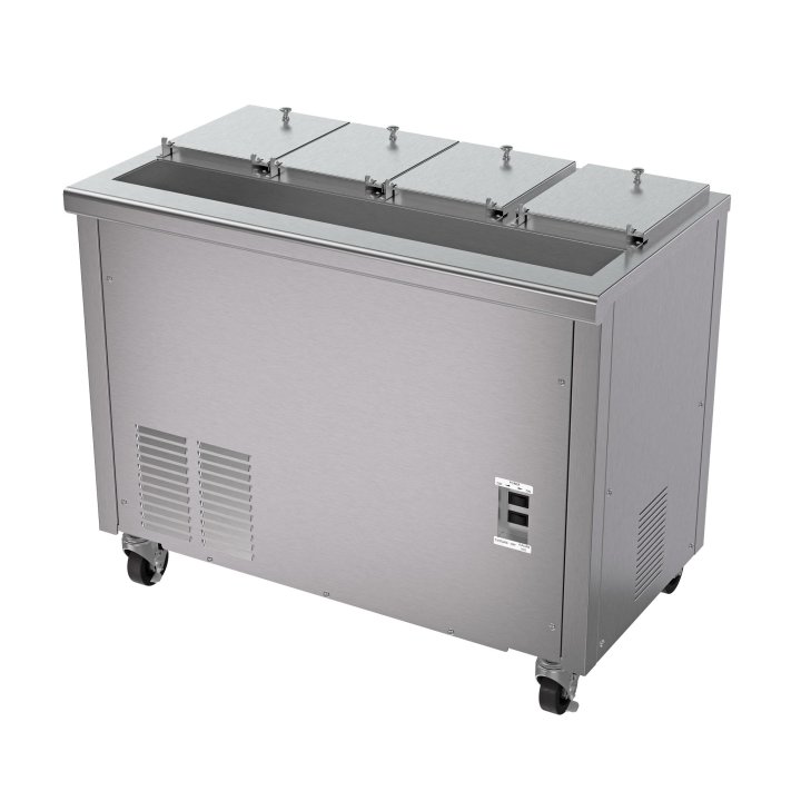 16-liter capacity 115-volt air-cooled 4-compartment refrigerated dipping cabinet with dual-temp controls and reversed hinges