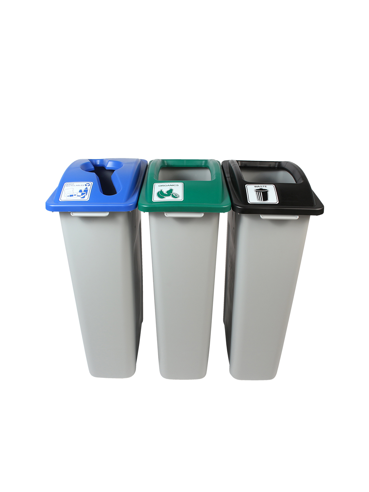 WASTE WATCHER – Triple – Kit – Mixed Recyclables-Organics-Waste – Mixed-Full – Grey-Blue-Green-Black