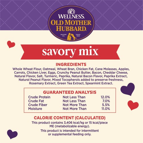 <p>Whole Wheat Flour, Oatmeal, Wheat Bran, Chicken Fat, Cane Molasses, Apples, Carrots, Chicken Liver, Eggs, Crunchy Peanut Butter, Bacon, Cheddar Cheese, Natural Flavor, Salt, Turmeric, Paprika, Natural Bacon Flavor, Paprika Extract, Natural Peanut Flavor, Mixed Tocopherols added to preserve freshness, Rosemary Extract, Green Tea Extract, Spearmint Extract.</p>
