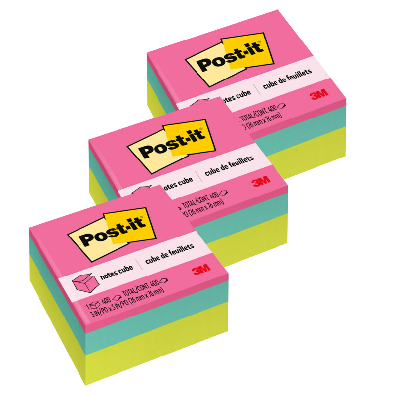 Notes Cube, Bright Colors, 3 in. x 3 in., 400 Sheets/Cube, Pack of 3
