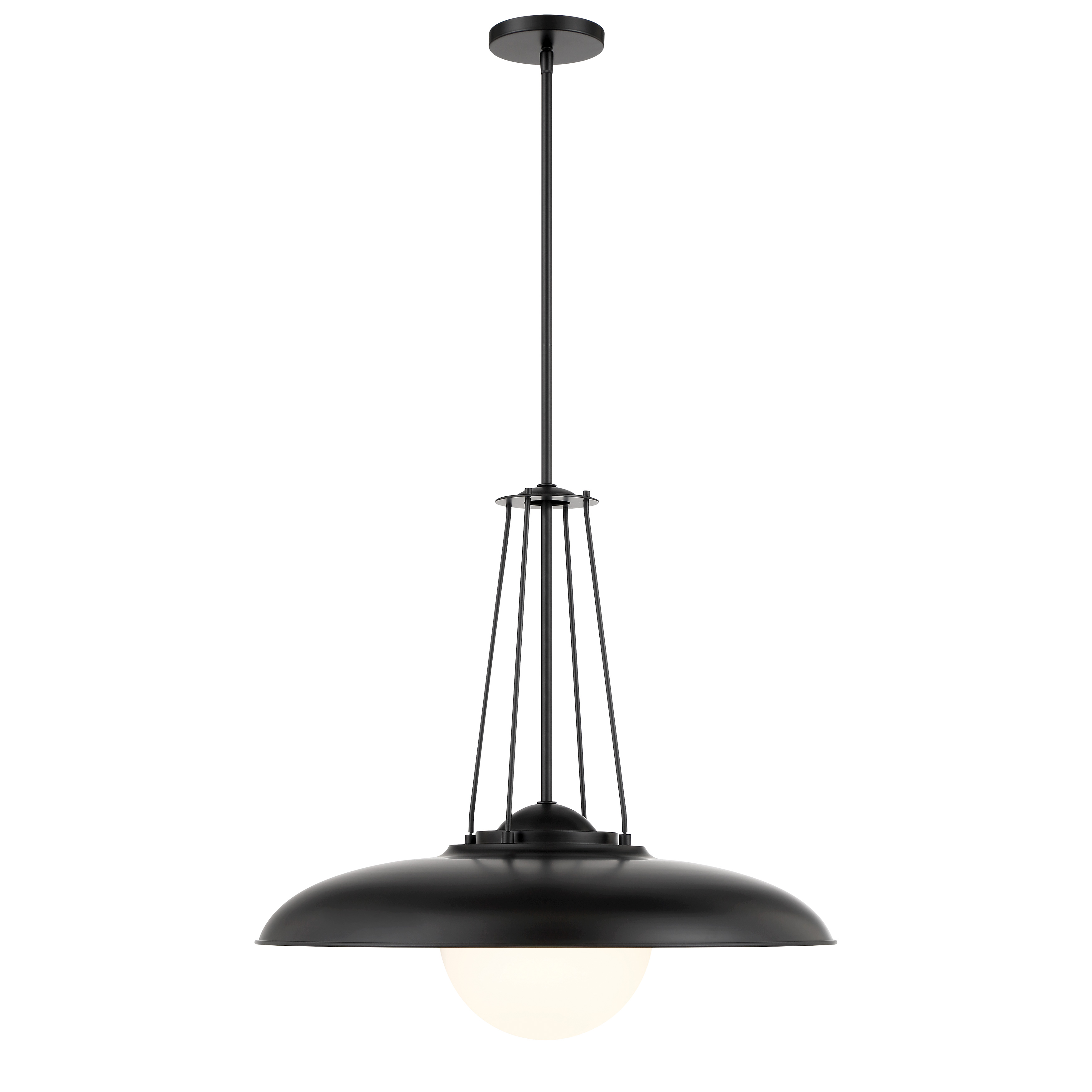 The Schooner Ridge pendant makes a dramatic statement with its generous 24-inch width and sophisticated coal black finish. The etched opal glass diffuses light beautifully while the modern steel construction adds industrial edge. - alternate view