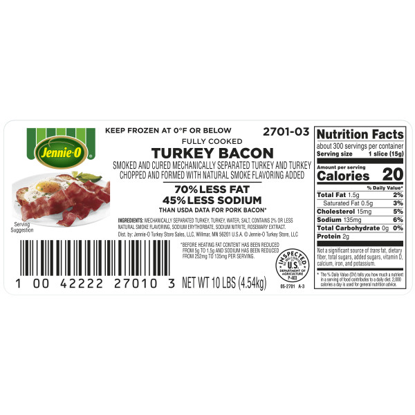 JENNIE-O(r) Turkey Bacon, Fully Cooked 10/1lb . C1N1 - Front No Plunge In Package (Hi Res)