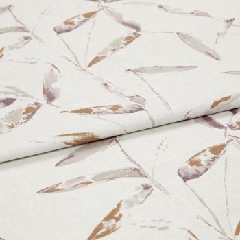 Light beige fabric with watercolor leaf print (mauve, taupe, ochre), folded once across the center, showing overlapping panels; close-up studio view of the textile surface under soft, even lighting.