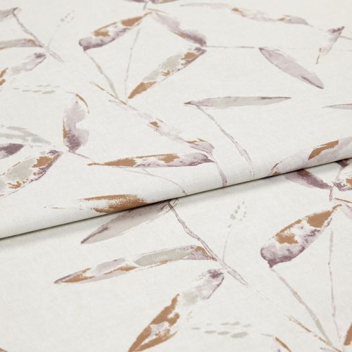 Light beige fabric with watercolor leaf print (mauve, taupe, ochre), folded once across the center, showing overlapping panels; close-up studio view of the textile surface under soft, even lighting.