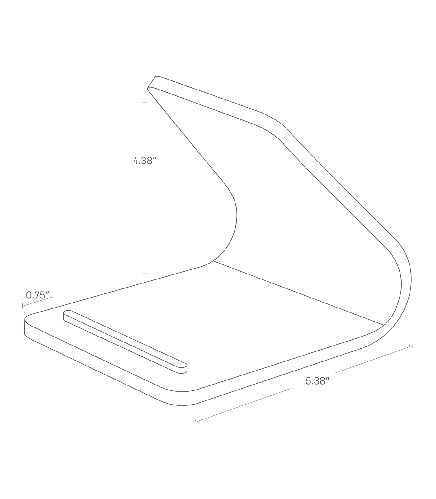 Dimension image for Tablet Stand showing a total height of 4.38 inches, length of 5.38 inches and distance from edge to holder 0.75 inches.