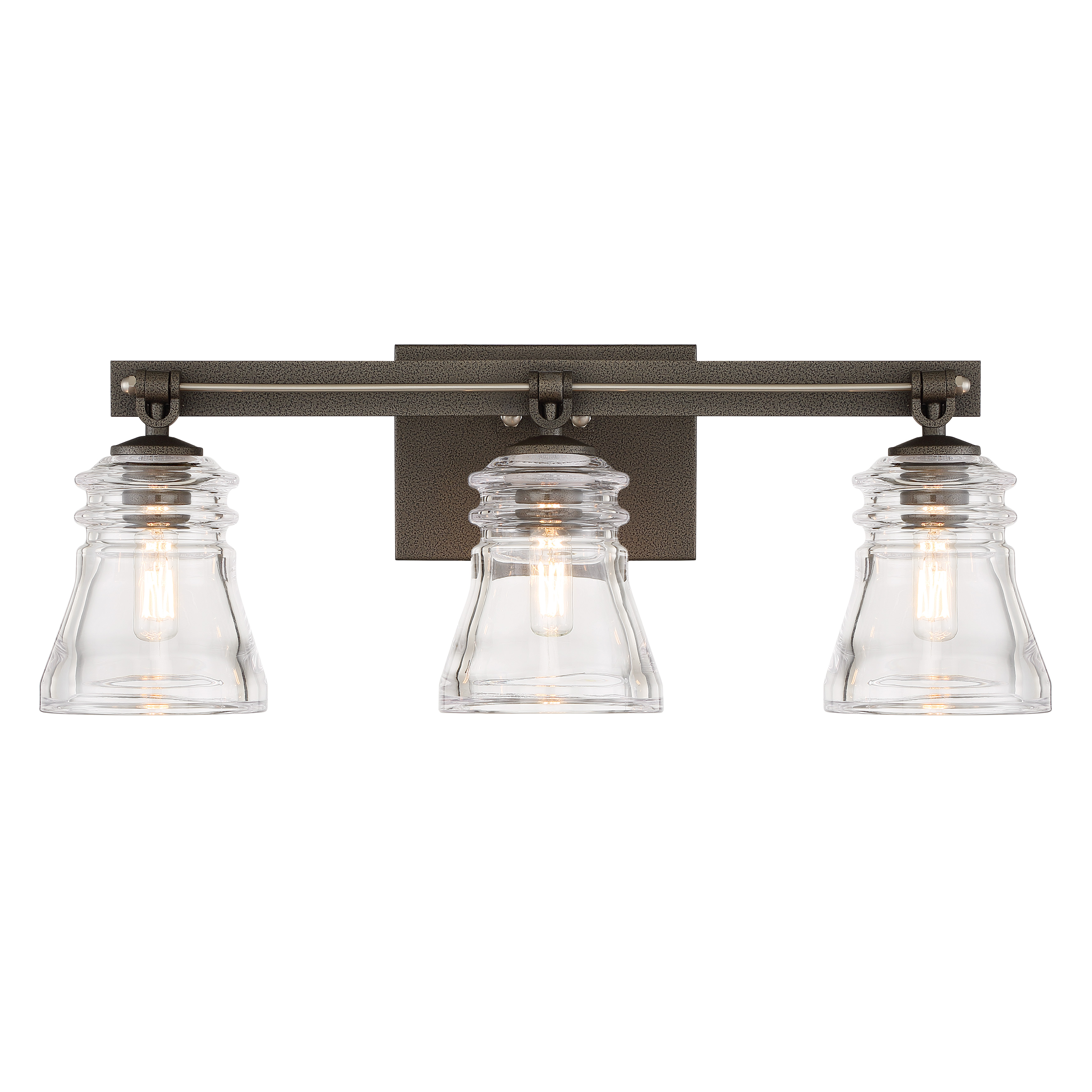 The Graham Avenue bath vanity combines traditional styling with industrial accents through its smoked iron and brushed nickel finish. Clear pressed glass shades provide excellent task lighting for bathroom vanities. - alternate view