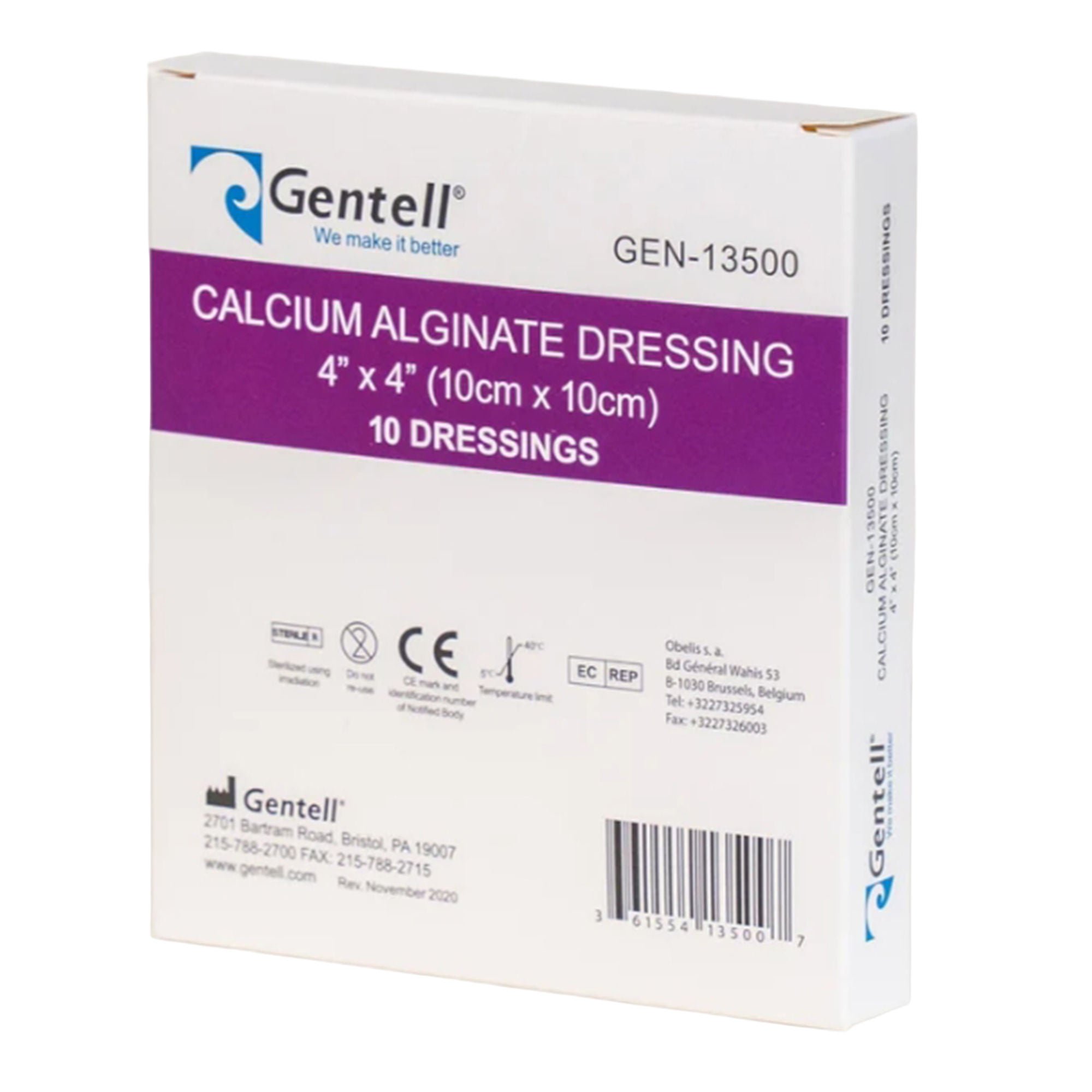 Gentell DRESSING, ALGINATE CALCIUM 4"X4" (10/BX)