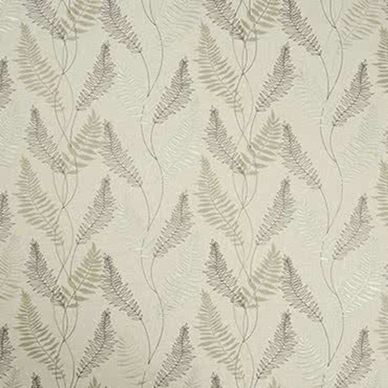 Textured cream wallpaper with overlapping taupe and gray fern fronds; repeating vertical pattern covering the wall, seen in soft neutral interior lighting, close-up wall view.