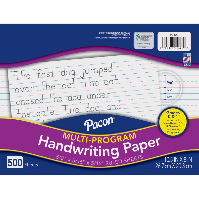 Multi-Program Handwriting Paper, 5/8" Ruled (Long Way), White, 10-1/2" x 8", 500 Sheets
