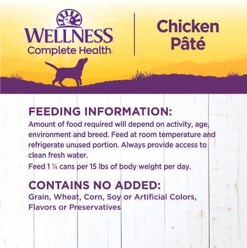 <p>Amount of food required will depend on activity, age, environment and breed. Feed at room temperature and refrigerate unused portion. Always provide access to clean, fresh water.  </p>
<p>Adult: Feed 1 ¼ cans per 15 lbs of body weight per day<br />
Combination Feeding: If feeding with Wellness dry food, reduce dry amount fed by 1/2 cup for every 6 oz of wet food.</p>
