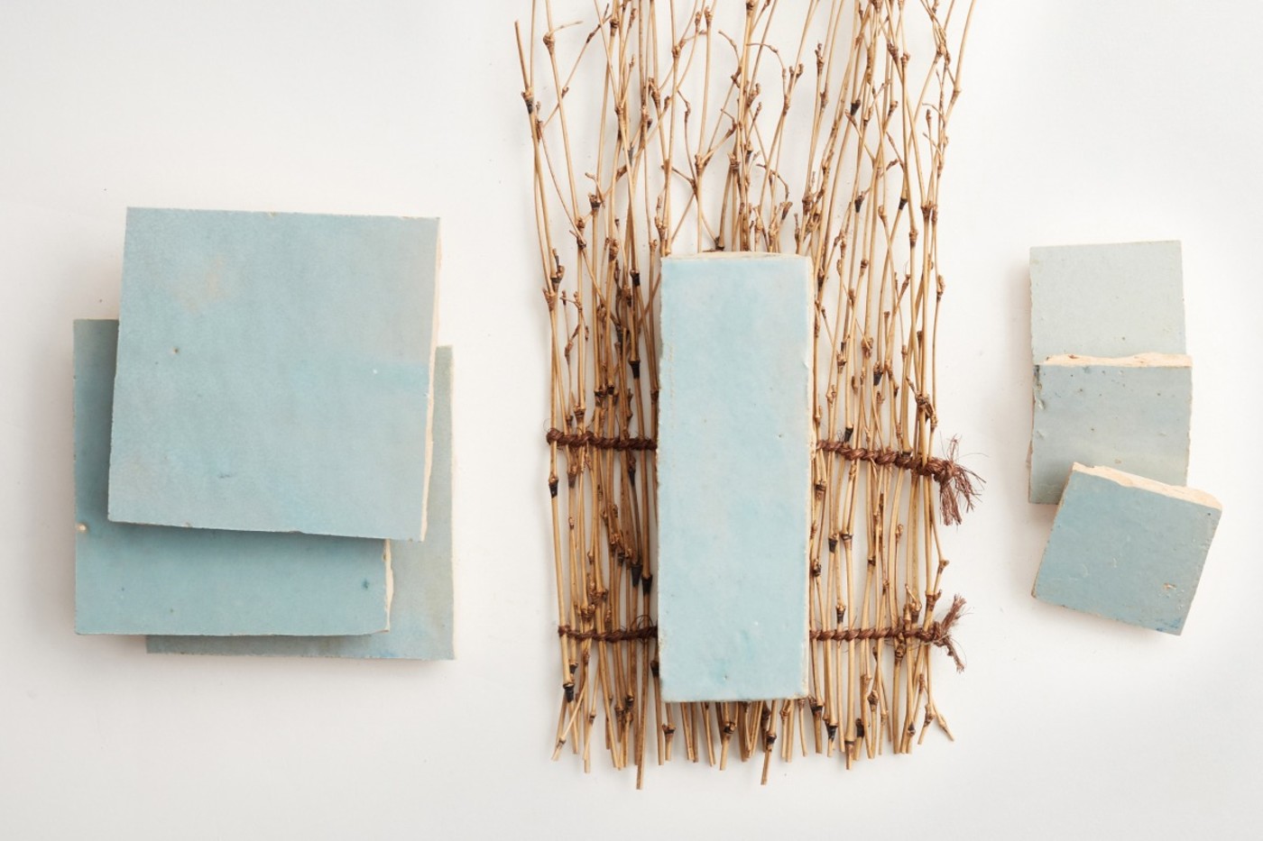 a group of blue tiles and dried twigs on a white surface.