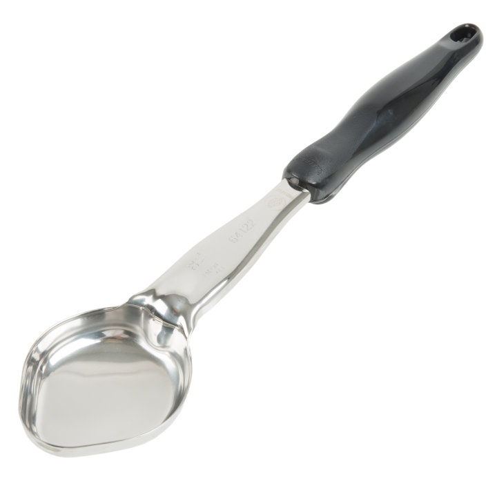 2-ounce one-piece heavy-duty stainless steel solid oval Spoodle® utensil with black nylon handle