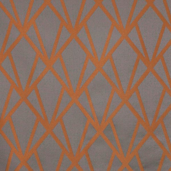 Grey wallcovering with bold orange geometric lattice of intersecting angular lines, forming repeating diamond shapes across a flat, evenly lit close-up surface.