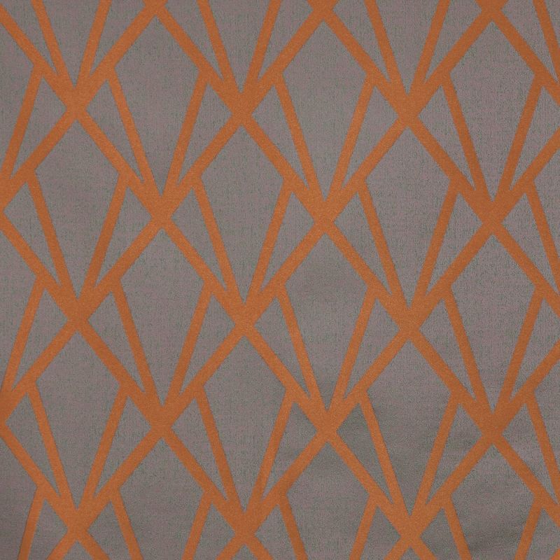 Grey wallcovering with bold orange geometric lattice of intersecting angular lines, forming repeating diamond shapes across a flat, evenly lit close-up surface.
