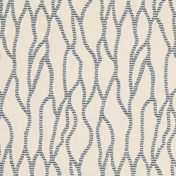 Decorative textile: beige fabric with blue, narrow-striped undulating lattice lines; featuring repeating organic outlines. Evenly lit close-up, abstract decorative pattern suggestive of upholstery or drapery.