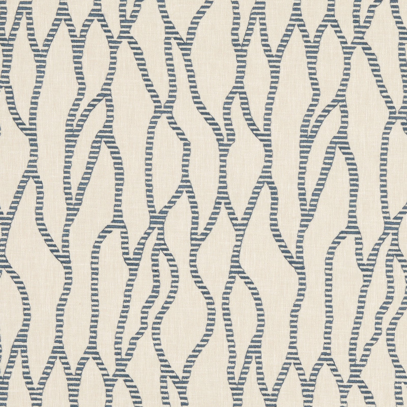 Decorative textile: beige fabric with blue, narrow-striped undulating lattice lines; featuring repeating organic outlines. Evenly lit close-up, abstract decorative pattern suggestive of upholstery or drapery.