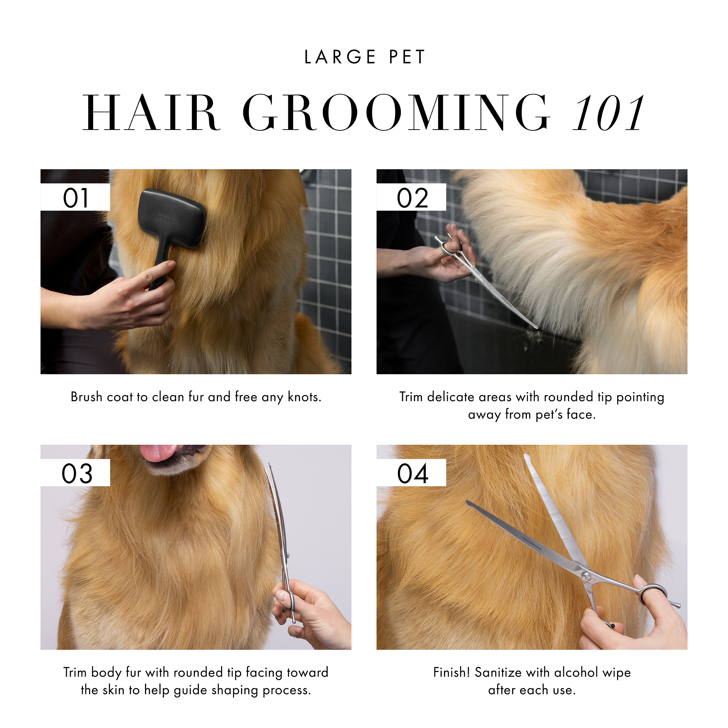 Find the perfect tool size chart. Chart shows small pets under 29 lbs. recommended to use the 7-inch shears. Large pets over 30 lbs. recommended to use the 7-inch shears for face and paws and the 9-inch shears.