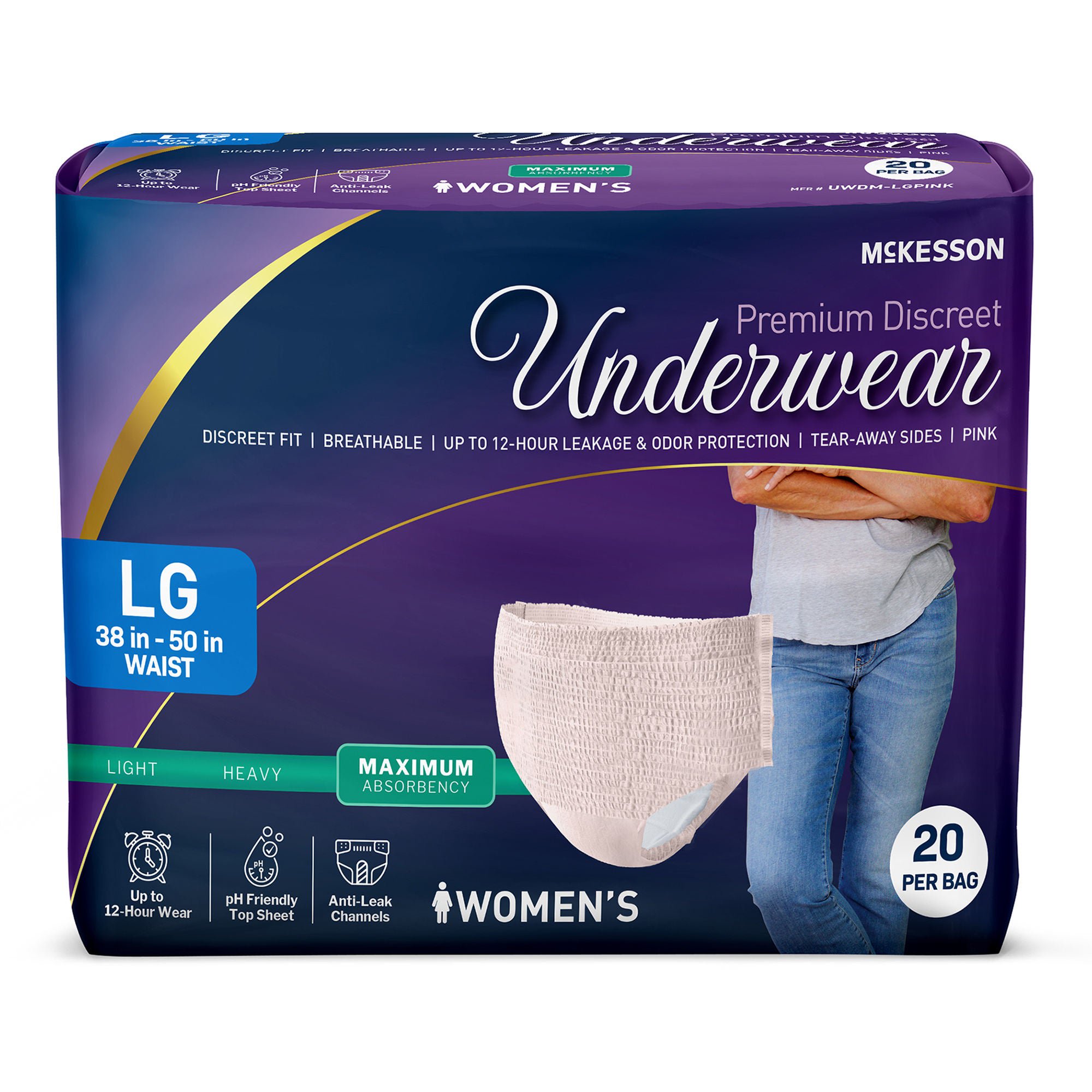 McKesson Premium Discreet Underwear for Women, Maximum Absorbency, Large