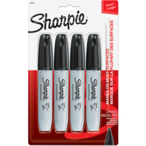 Permanent Markers, Chisel Tip, Black, Pack of 4