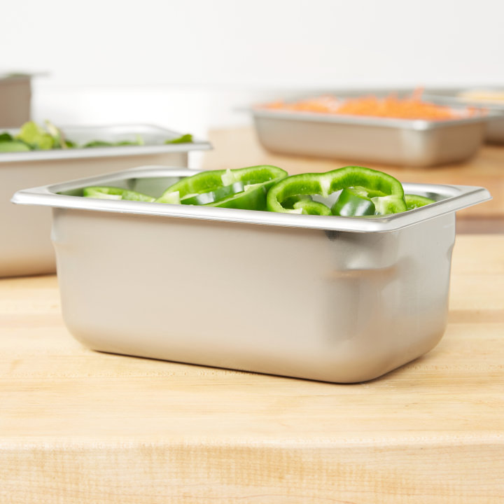Fourth-size 4-inch-deep Super Pan® heavy-duty stainless steel steam table pan with flat corners