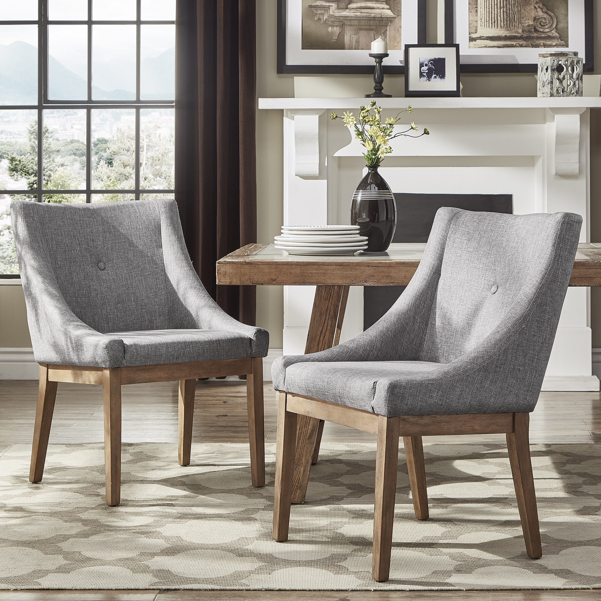 Button Tufted Slope Arm Linen Dining Chairs (Set of 2)