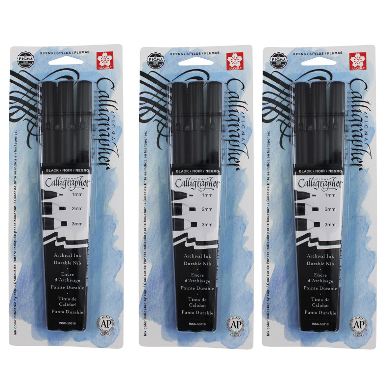 Pigma Calligrapher, Black, Assorted Sizes, 3 Per Set, 3 Sets