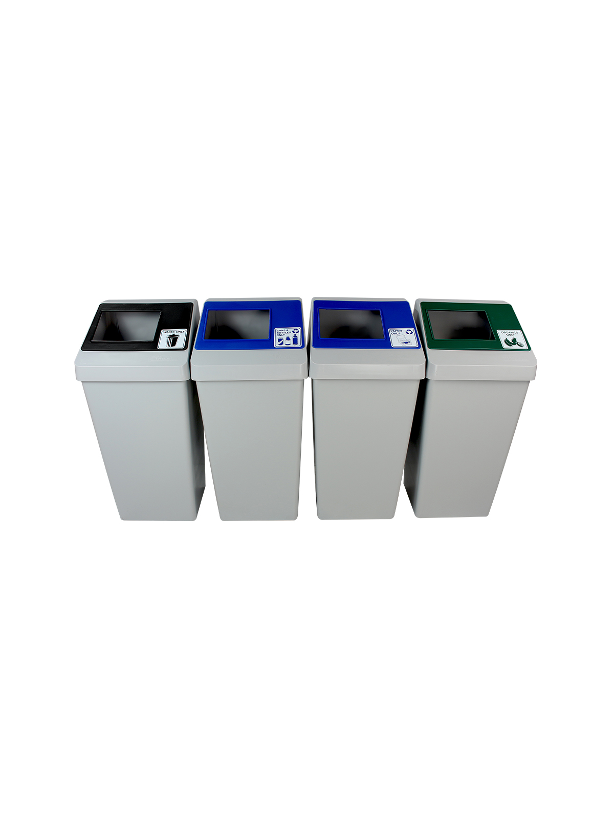 SMART SORT – Quad – Kit – Cans & Bottles-Paper-Organics-Waste – Full – Grey-Blue-Blue-Green-Black