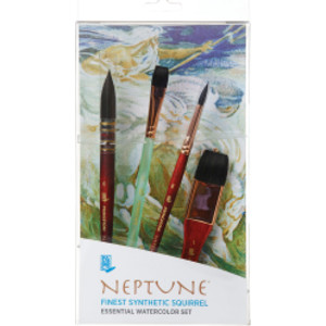 Neptune Watercolor Brush Set, Synthetic Bristles, Short Handle Watercolor Paintbrush, Dark Wood, 4 Pieces
