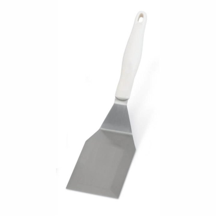 Heavy-duty stainless steel hamburger turner with beveled edges and white nylon Ergo Grip™ handle