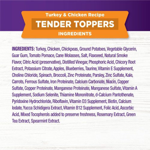 <p>Turkey, Chicken, Chickpeas, Ground Potatoes, Vegetable Glycerin, Guar Gum, Tomato Pomace, Cane Molasses, Salt, Flaxseed, Natural Smoke Flavor, Citric Acid (preservative), Distilled Vinegar, Phosphoric Acid, Chicory Root Extract, Potassium Citrate, Apples, Blueberries, Taurine, Vitamin E Supplement, Choline Chloride, Spinach, Broccoli, Zinc Proteinate, Parsley, Zinc Sulfate, Kale, Carrots, Ferrous Sulfate, Iron Proteinate, Calcium Carbonate, Niacin, Copper Sulfate, Copper Proteinate, Manganese Proteinate, Manganese Sulfate, Vitamin A Supplement, Sodium Selenite, Thiamine Mononitrate, d-Calcium Pantothenate, Pyridoxine Hydrochloride, Riboflavin, Vitamin D3 Supplement, Biotin, Calcium Iodate, Yucca Schidigera Extract, Vitamin B12 Supplement, Folic Acid, Ascorbic Acid, Mixed Tocopherols added to preserve freshness, Rosemary Extract, Green Tea Extract, Spearmint Extract.</p>
