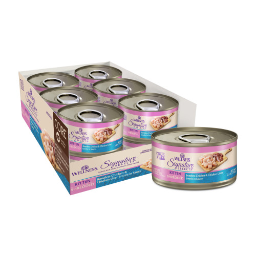 Wellness CORE SIGNATURE SELECTS Kitten Shredded Boneless Chicken & Chicken Liver Entrée in Sauce Front packaging