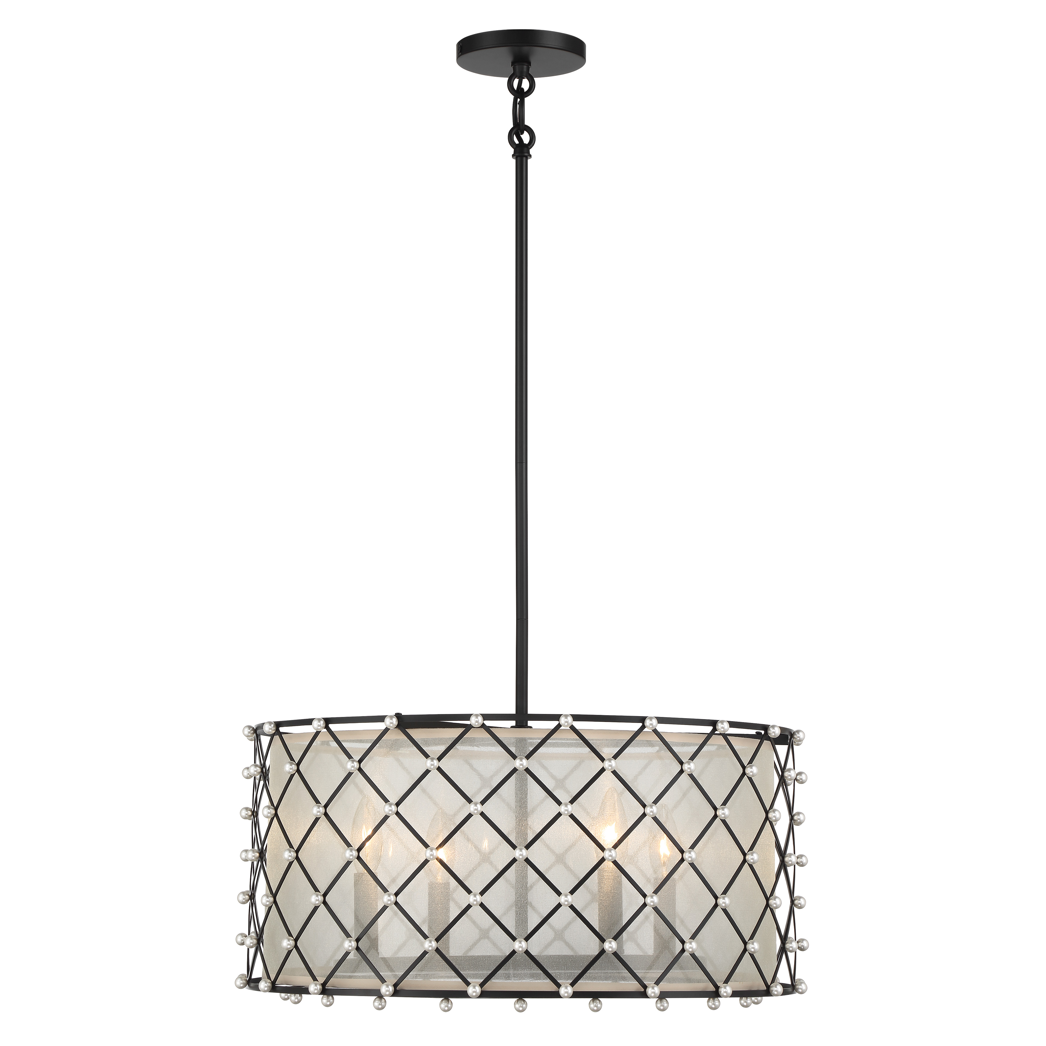 The Sheer Elegance combines sophisticated traditional styling with a dramatic coal black finish and shimmering gold organza shade. Its convertible design offers flexibility as either a semi-flush or pendant fixture. - alternate view