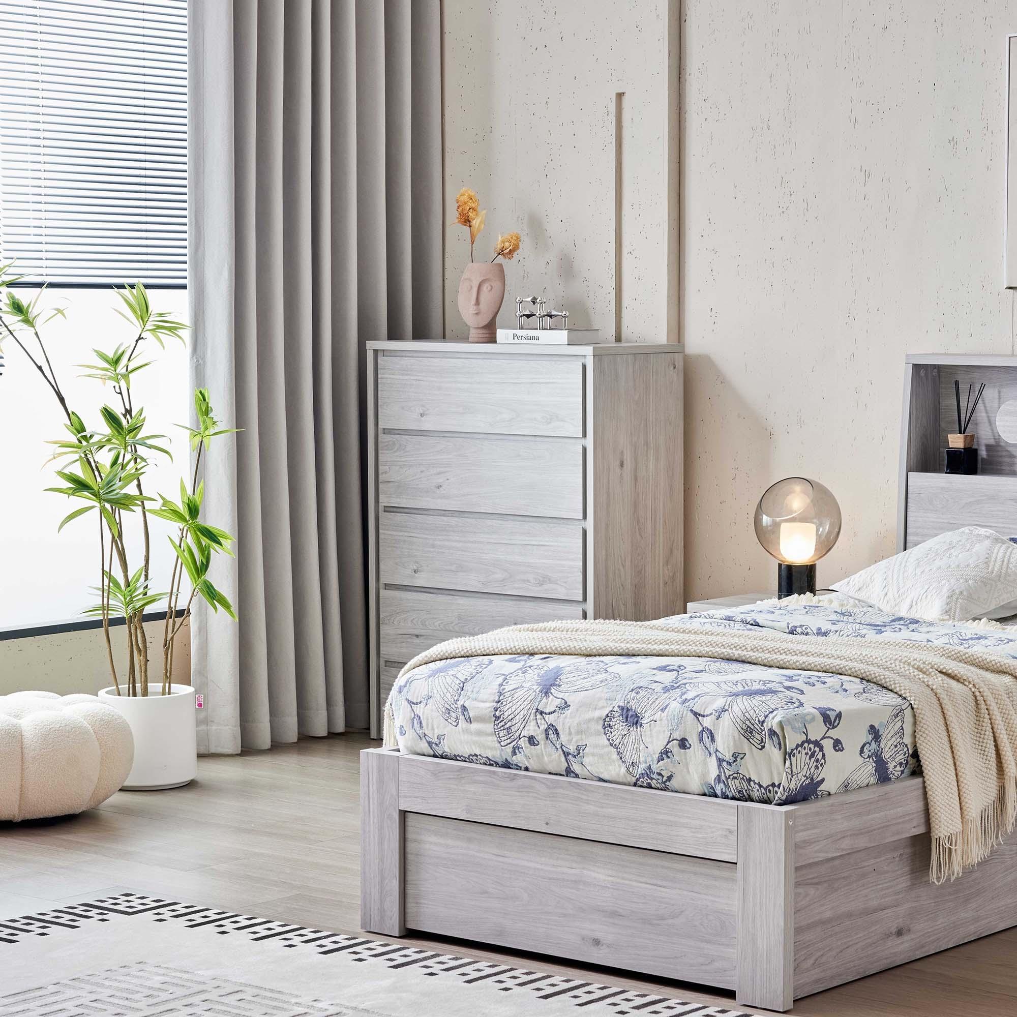 Lifestyle image of the  Nova Tallboy (5 Drawer), Stone Oak from Forty Winks