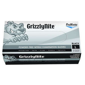 Hospeco, ProWorks® GrizzlyNite®, Medical Gloves, Nitrile, 4.5 mil, Powder Free, L, Black