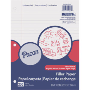 Filler Paper, White, 3-Hole Punched, Red Margin, 3/8" Ruled, 8" x 10.5", 200 Sheets