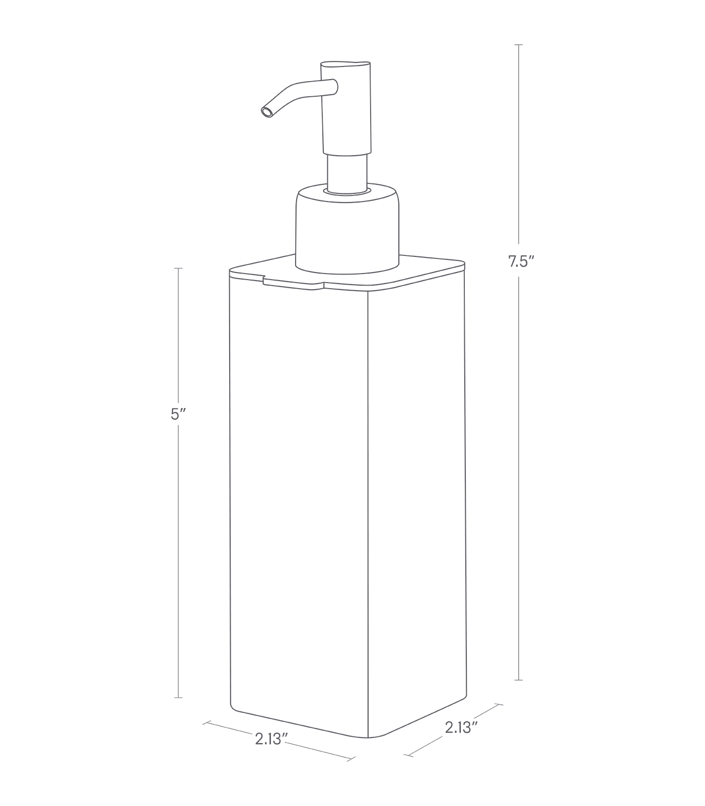 Dimension image for Hand Soap Dispenseron a white background showinglength of 2.13 inches, width of 2.13 inches, bottle height of 5 inches, and the total height of dispencer is 7.5 inches.