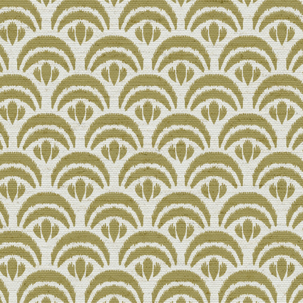 Art-deco fan motifs repeat in staggered rows, each fan composed of concentric olive-green semicircles with a small central dot, forming a regular scalloped wallpaper across a light beige background.