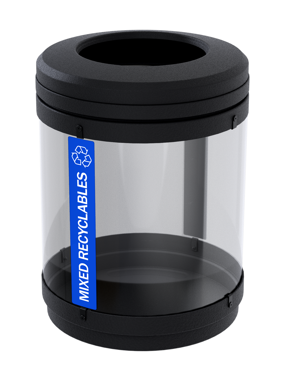 clear body recycling container with black plastic lid and base for visible collection and security